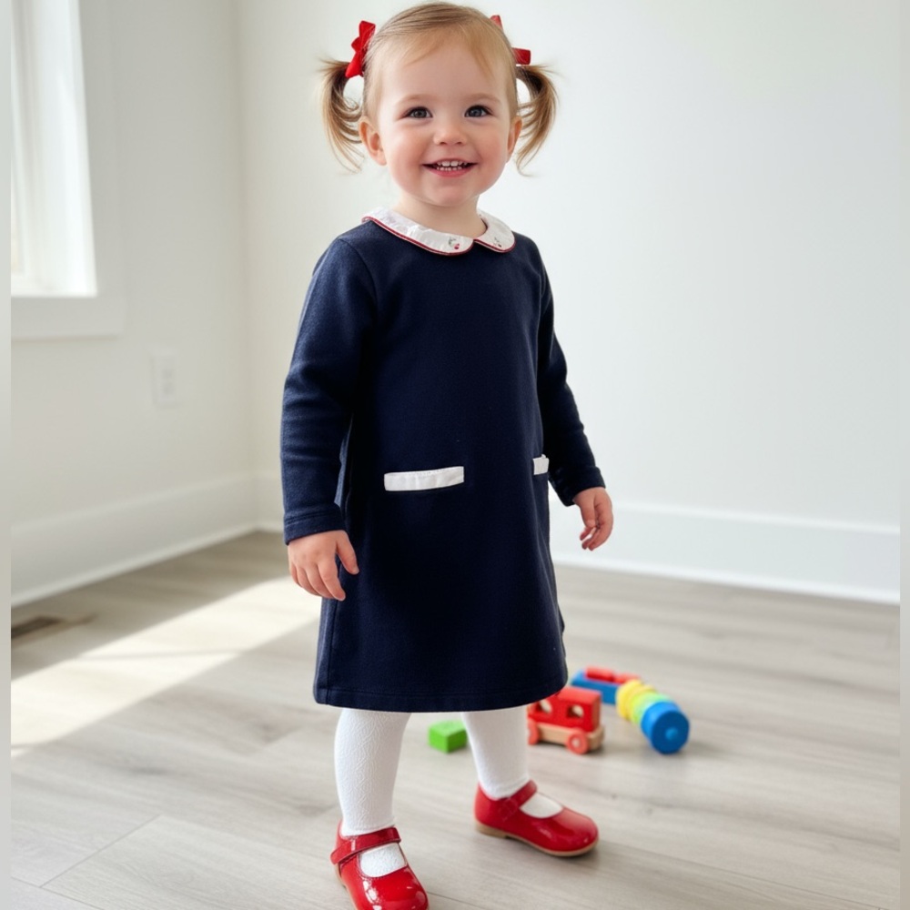 Bella Bliss Girl’s 4 XS Navy Blue Dress Peter Pan Collar Red Cherries Holiday 4T